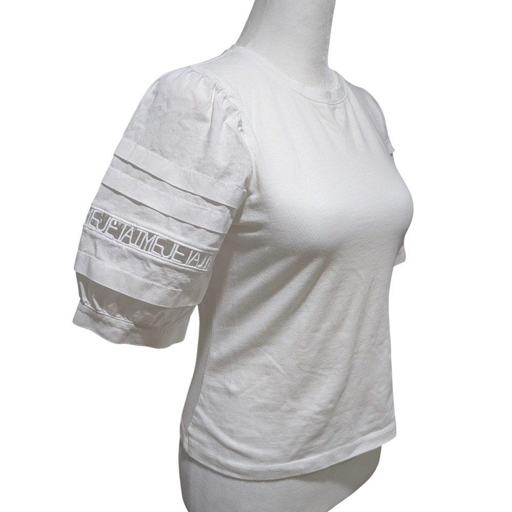 Cinq a Sept Corianna Puff Pleated Sleeve Je Taime Embroidered Tee White Small - Picture 7 of 10